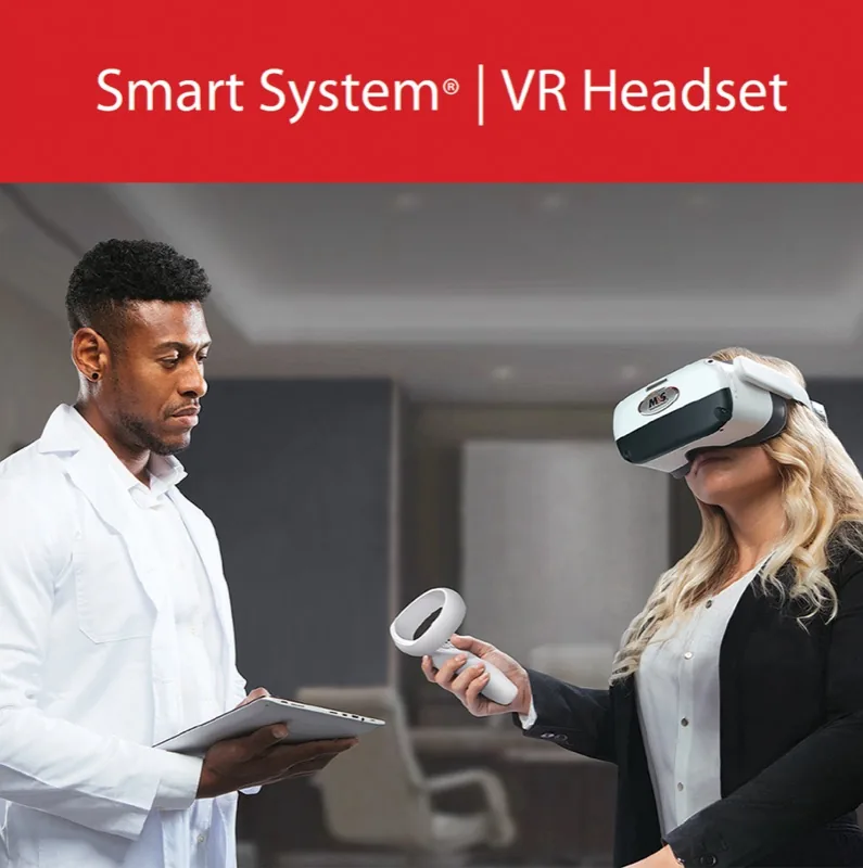 Technician administering visual field test with M&S VR Headset on patient
